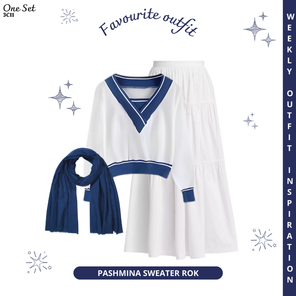Oneset Luna Sweater Rajut Korean Style Setelan Blue Skirt OOTD Remaja Perempuan Kekinian Aesthetic G