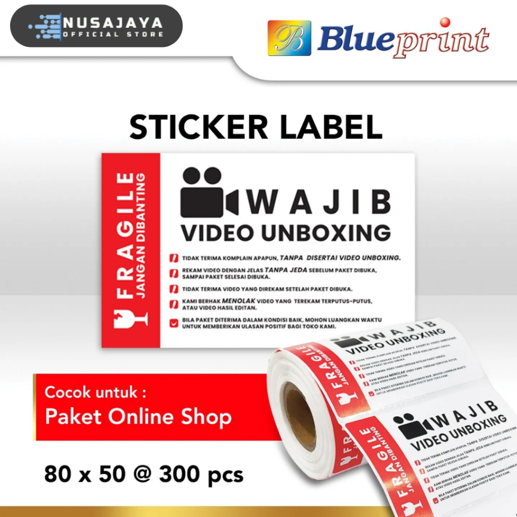 

Label Sticker Unboxing Fragile BLUEPRINT 80x50 mm isi 300