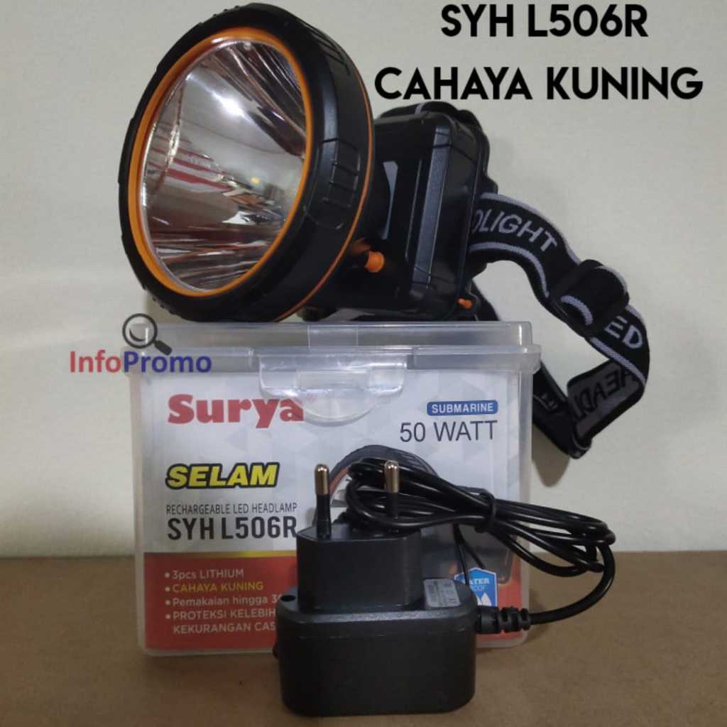 Senter Kepala Surya LED SYH-L506R 50Watt Cahaya Kuning Rechargeable Garansi Resmi Original