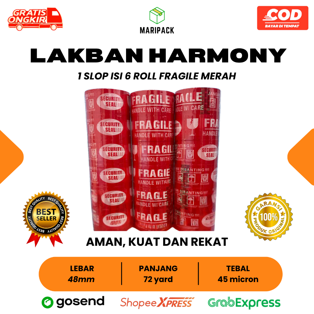 

HARMONY Lakban Solasi FRAGILE Merah 48mm x 72 Yard (Slop)