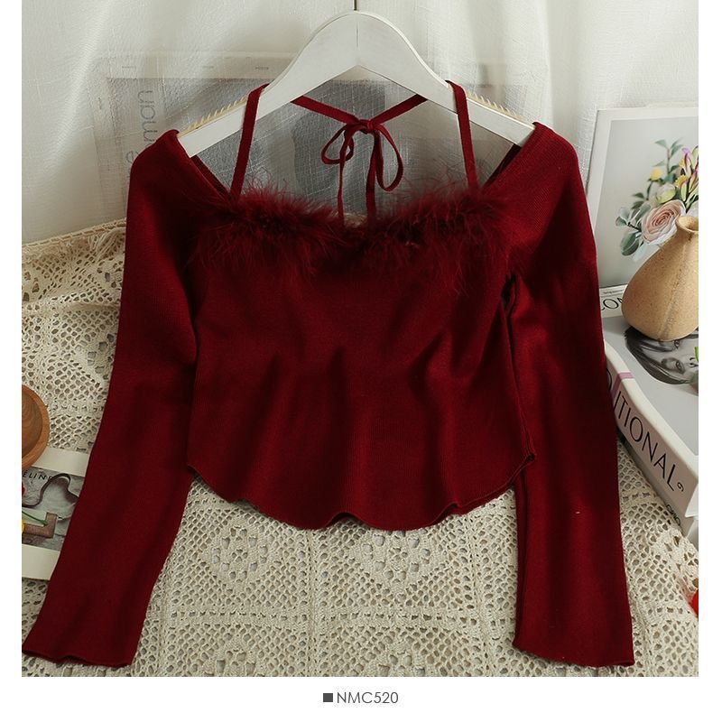 [Hallyu] Sabrina Crop Lengan Panjang Knit Import Premium | Baju Wanita Crop Sabrina Long Sleve Korea