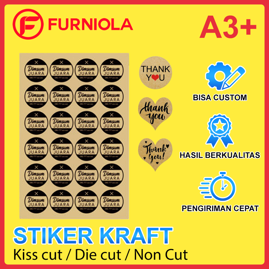 

Cetak Sticker Kraft Custom A3+ / Print Stiker Craft Warna Coklat Label Pack Poster Merk Logo Promosi Promo Murah Premium Tempel Kemasan Produk Makanan Minuman Kertas A3 + Kiss Cut / Die Cut / Tanpa Cutting