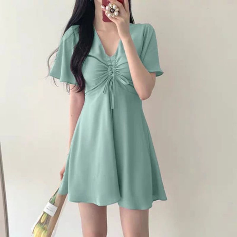 DRESS LOPPY V NECK TALI SERUT BAHAN RAYON TWIL