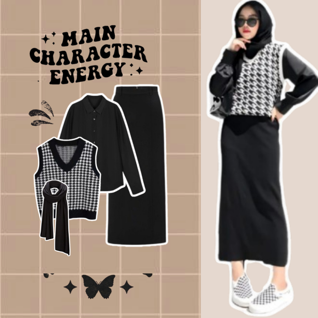 Riysa Set Outfit Hijab Stylish ( Kemeja + Pasmina + Vest + Rok Span ) Setelan Remaja Wanita SGC105