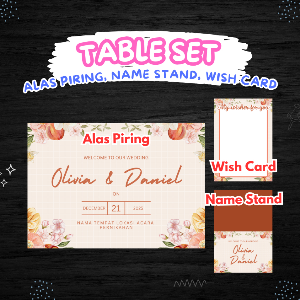 Table set aksesoris dekor meja alas meja name stand baby shower pink floral sweet seventeen birthday
