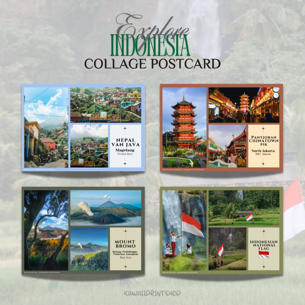 

Postcard Beautiful Indonesia | Kartu Pos Kolase Wisata Indonesia | Kartupos Bendera Indonesia Gunung Bromo Pantjoran PIK | Wisata Daerah