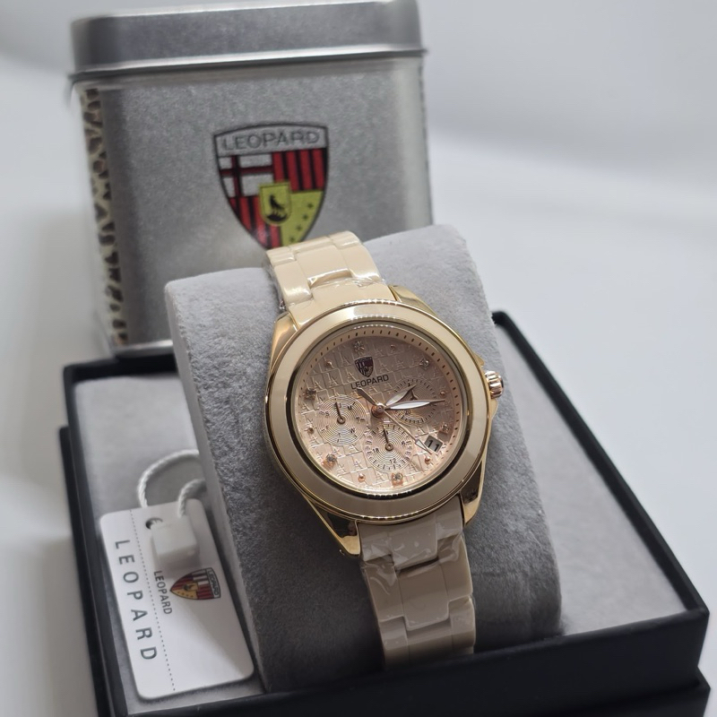 Jam Tangan Wanita Leopard Rantai Keramik Chrono Variasi Tangal Aktif Free Box Original