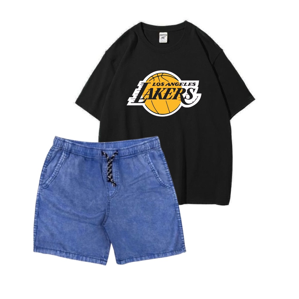 Setelan Pria Dewasa Lakers | Setelan Kaos Lakers Dan Celana Washed | Celana Boardshort Pria | Kaos L