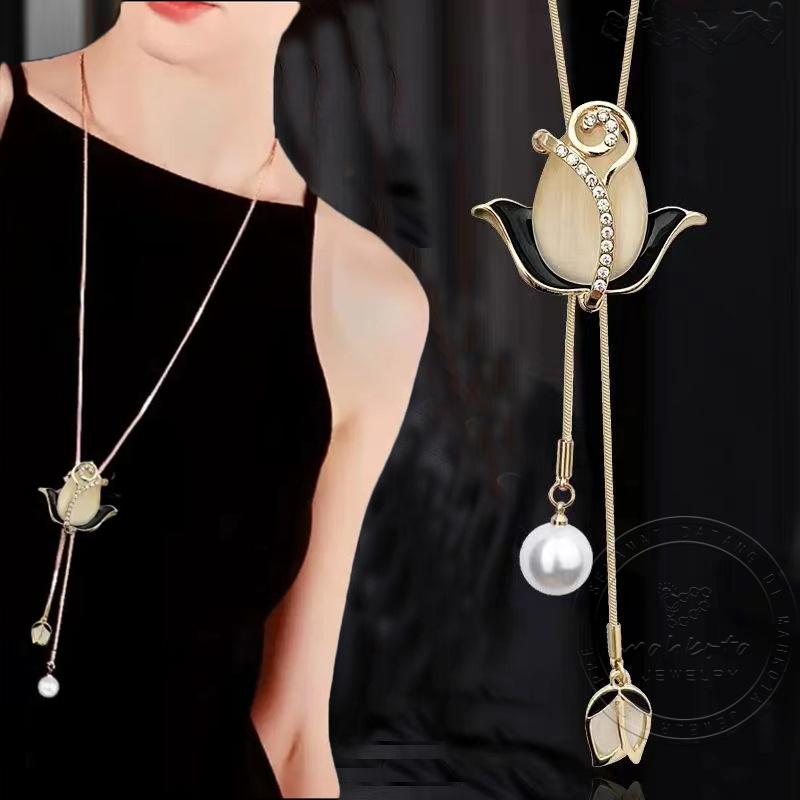 K264 Kalung TITANIUM Wanita Rantai Panjang Bandul Desain Bunga Mawar Hitam Permata Menjuntai Emas Pe