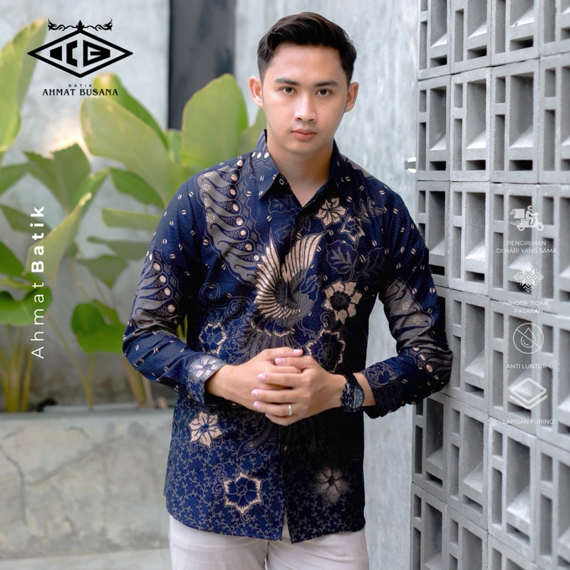 Kemeja Batik Pria Slimfit Motif Ranu Biru Dongker Lengan Panjang Katun Premium Lapis Furing