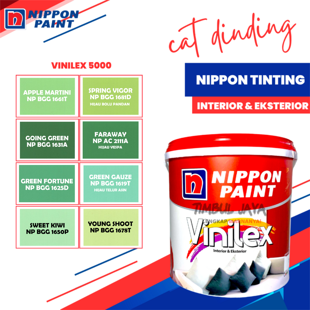 Cat Vinilex 5kg Eksterior dan Interior Warna HIJAU Tinting / Cat Tembok Exterior Nippon Paint / Cat 