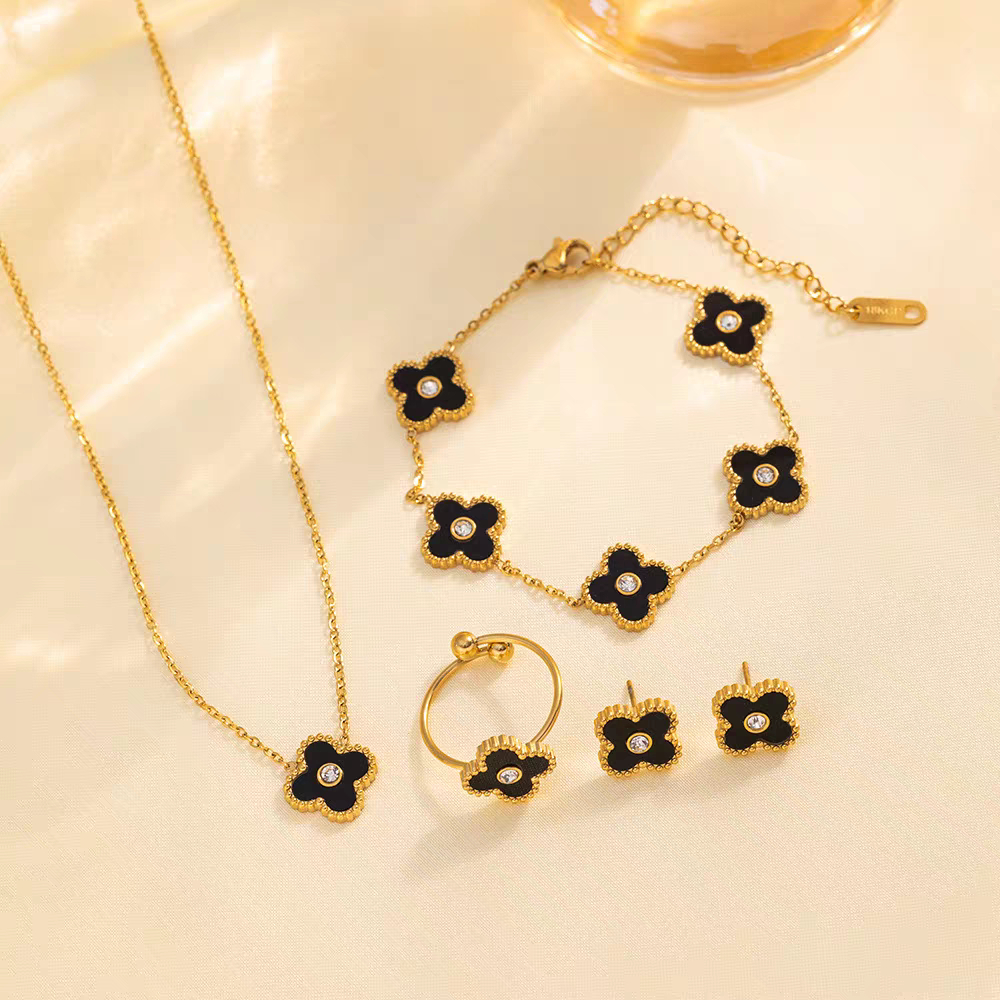 Set Perhiasan Titanium Kalung Gelang Cincin dan Anting 3 mm Set Perhiasan Wanita Anti Karat Tidak Lu