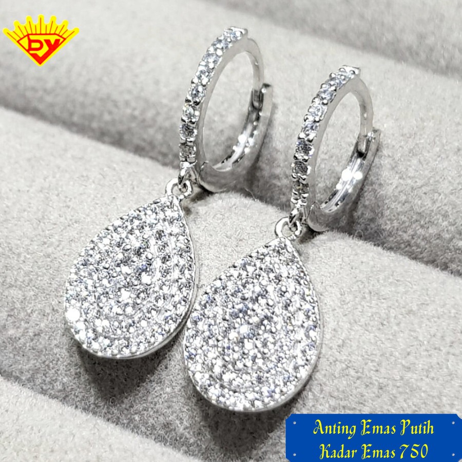 Anting Jepit Emas Putih Permata Zirconia Baru Kadar Emas 750