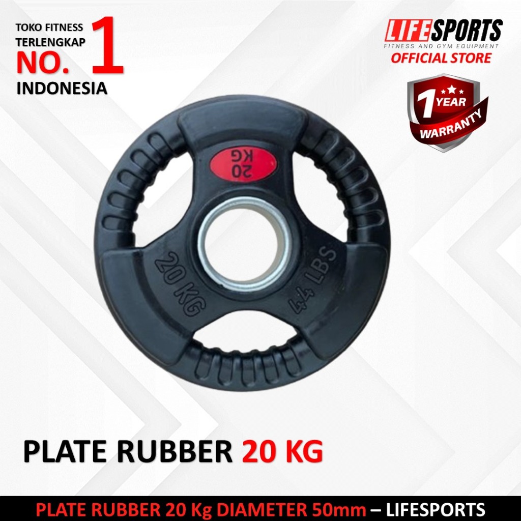 LIFESPORTS - New Alat Olahraga Fitness Classic Black Rubberized Plate Rubber 3 Grip Bumper 20 Kg