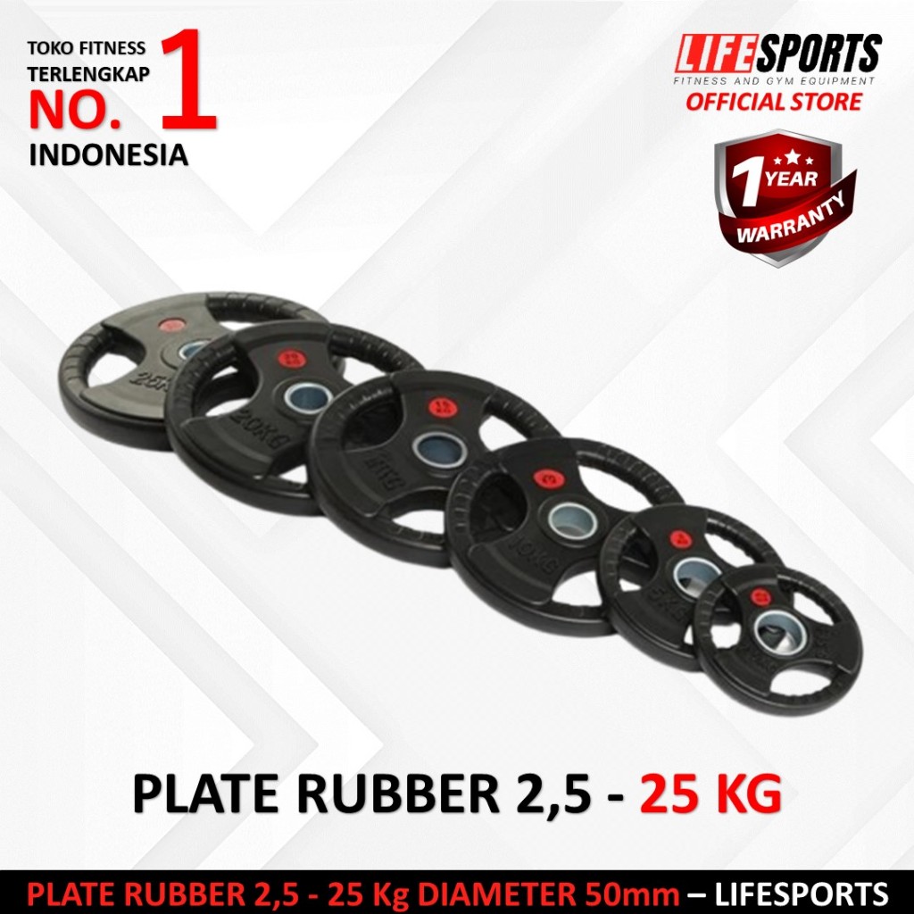 LIFESPORTS - New Alat Olahraga Fitness Black Plate Rubber 3 Grip Bumper 2,5 - 25 Kg Total 77,5 Kg