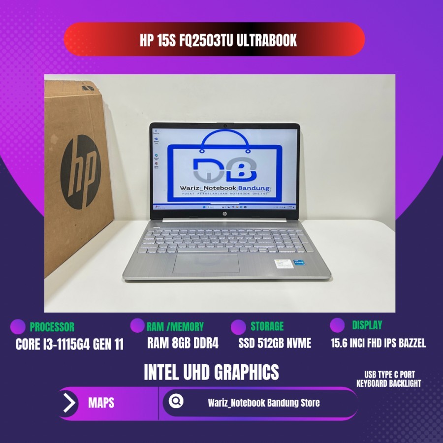 HP 15s FQ2503TU CORE I3-1115G4 RAM 8GB SSD 512GB 15inci FHD IPS FULLSET