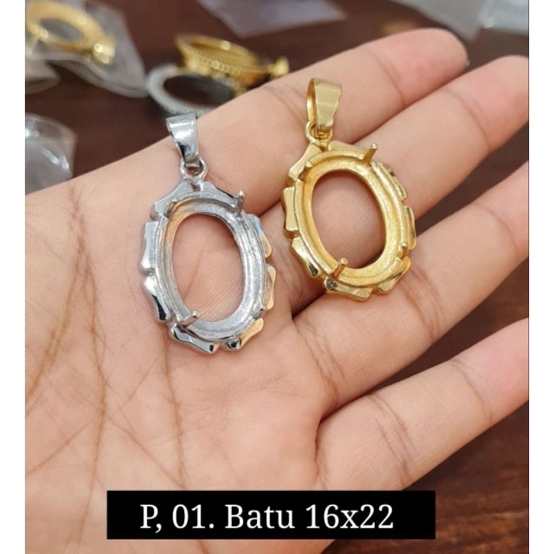 Ring Liontin Perunggu warna emas / Silver ikat batu akik model gigi