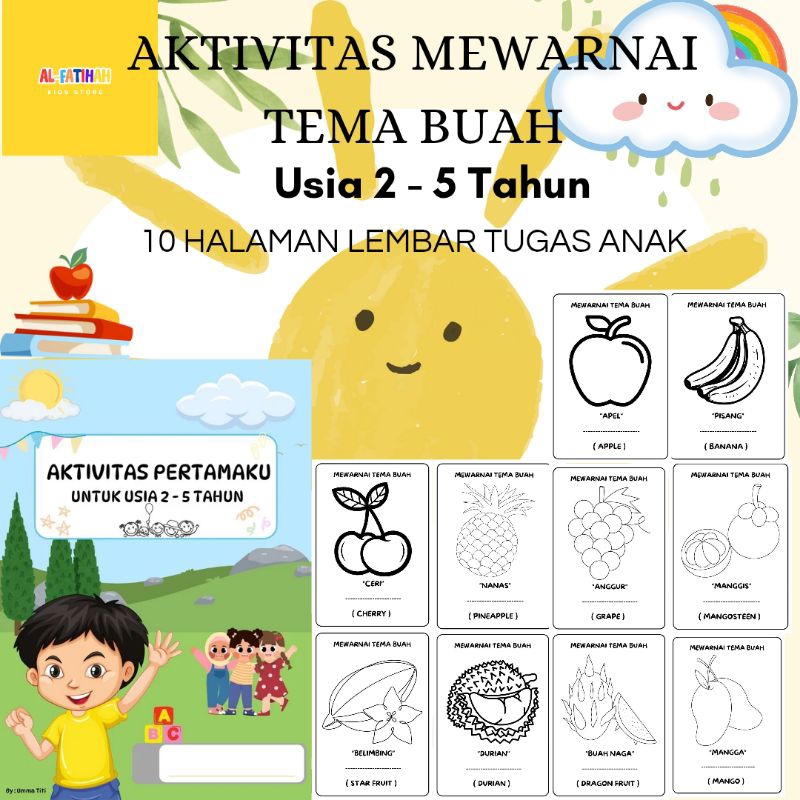 10 HALAMAN WORKSHEET MEWARNAI TEMA BUAH LEMBAR TUGAS ANAK USIA 2 3 4 5 TAHUN