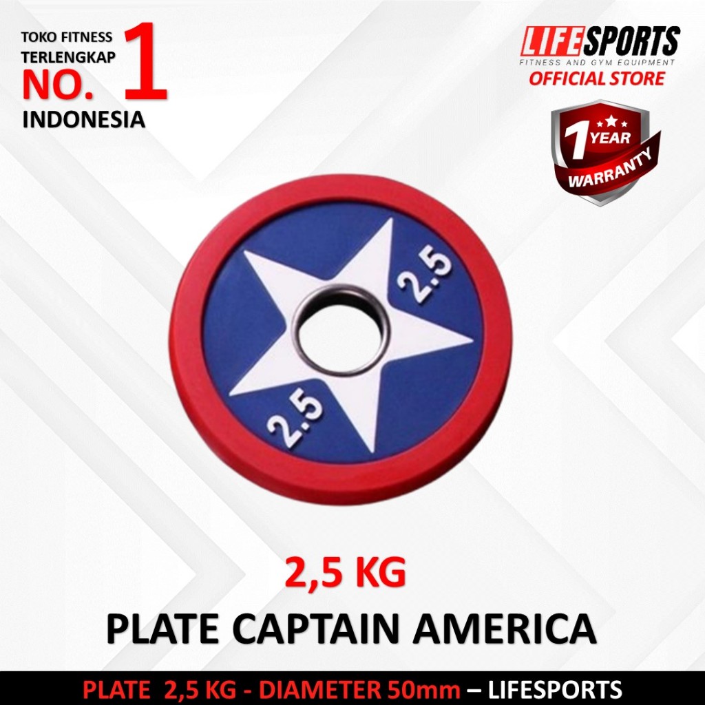 LIFESPORTS - New Alat Olahraga Fitness Gym Captain America Weight Rubber Plate Olympic Bumper 2,5 Kg