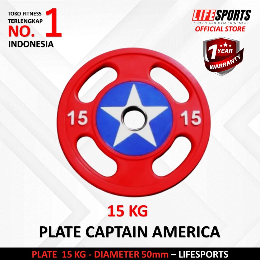 LIFESPORTS - New Alat Olahraga Fitness Gym Captain America Weight Rubber Plate Olympic Bumper 15 Kg