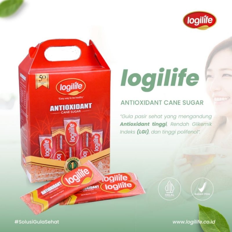 

LOGILIFE Antioxidant Canesugar (Gula Antioksidan Rendah Glikemik) - Gula Sehat - Gula Penderita Diabetes - Kristal. 1 Box @isi 50 sachet