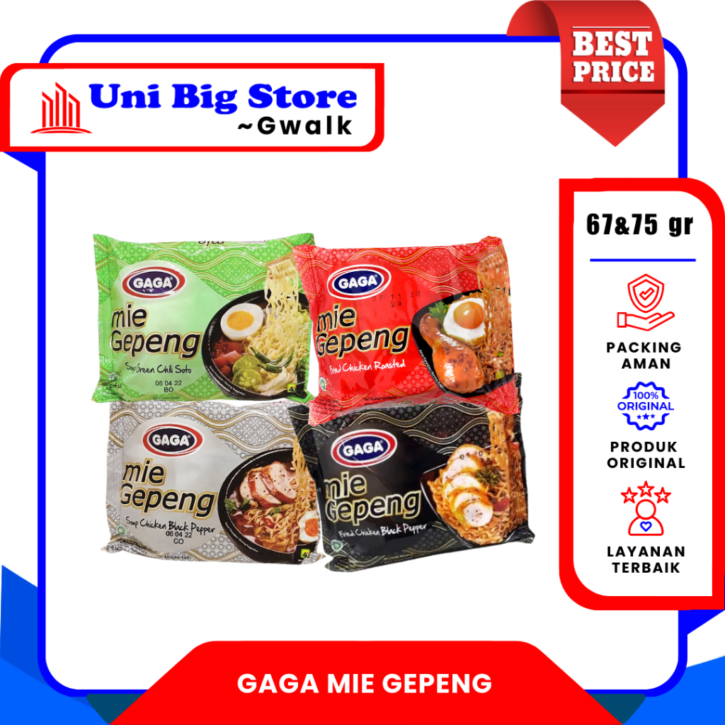 

GAGA MIE GEPENG INSTAN GORENG & KUAH LADA HITAM - SOTO CABE HIJAU - AYAM PANGGANG - 67 & 75 gr