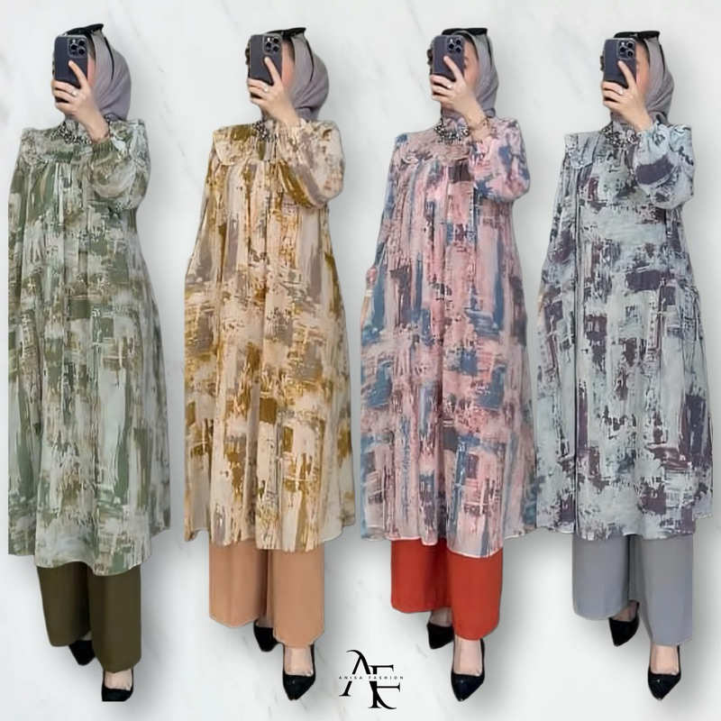 ONE SET SHENINA TUNIK CERUTY FULL FURING - SETELAN LONG TUNIK CERUTY MOTIF ABSTRAK NEW CELANA CRINKL