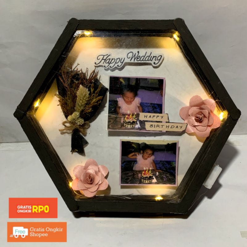 PROMOO HEXA FRAME KADO BINGKAI FOTO MAHAR 3D ( USB ) 21x30cm + LAMPU +KACA frame 3d /figura hexa fra