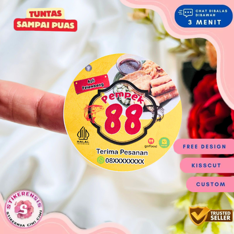 

2-4 Stikerensis Sticker Label Makanan Pempek Tekwan Stiker Bulat Chromo Free Desain Custom Nama Logo
