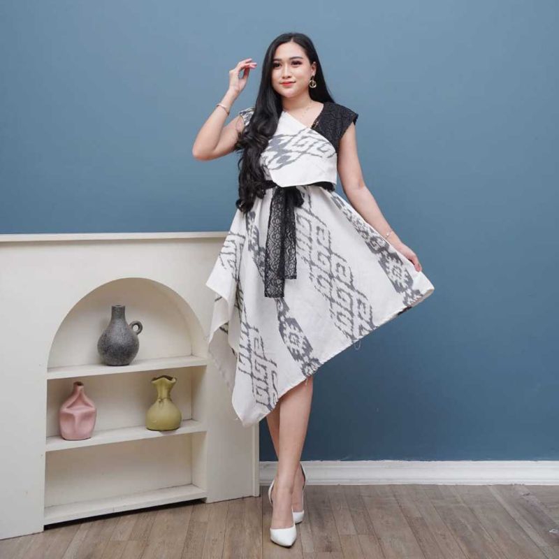 SET COUPLE SIERA BAJU COUPLE LENGAN PANJANG PENDEK UNISEX TENUN SARIMBIT BATIK DRESS IVORY KEMERJA P