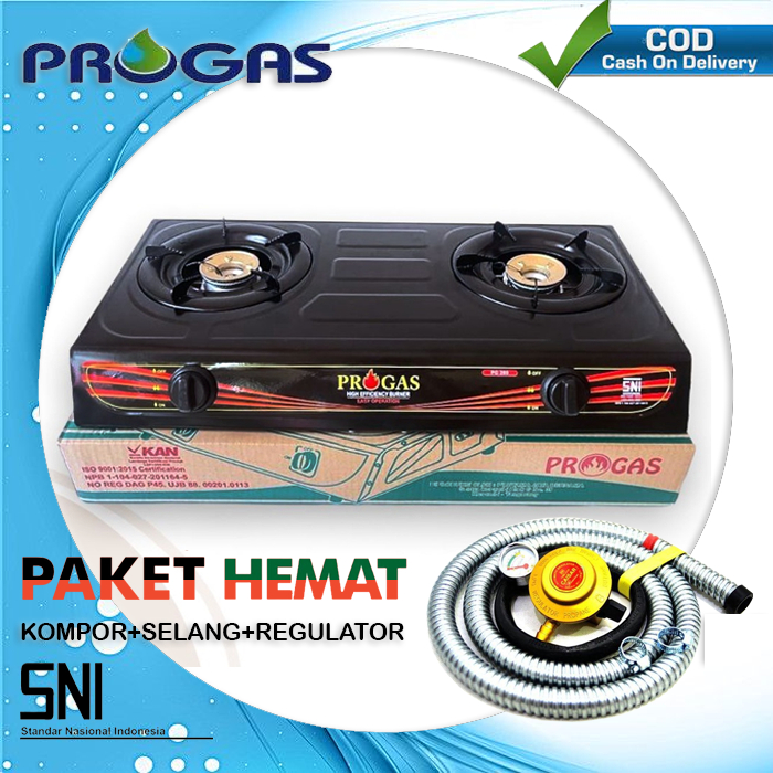 Kompor Progas 2 Tungku Teflon Hitam - Progas Kompor Gas Dua Tungku + Selang Paket Regulator SNI
