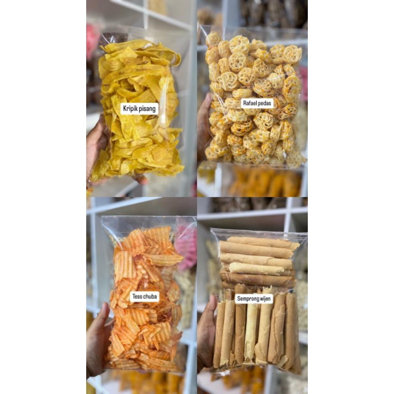 

aneka snack kiloan cemilan viral kripik singkong, kripik pisang, rafael, beton, sukun, tortila, chuba, potato