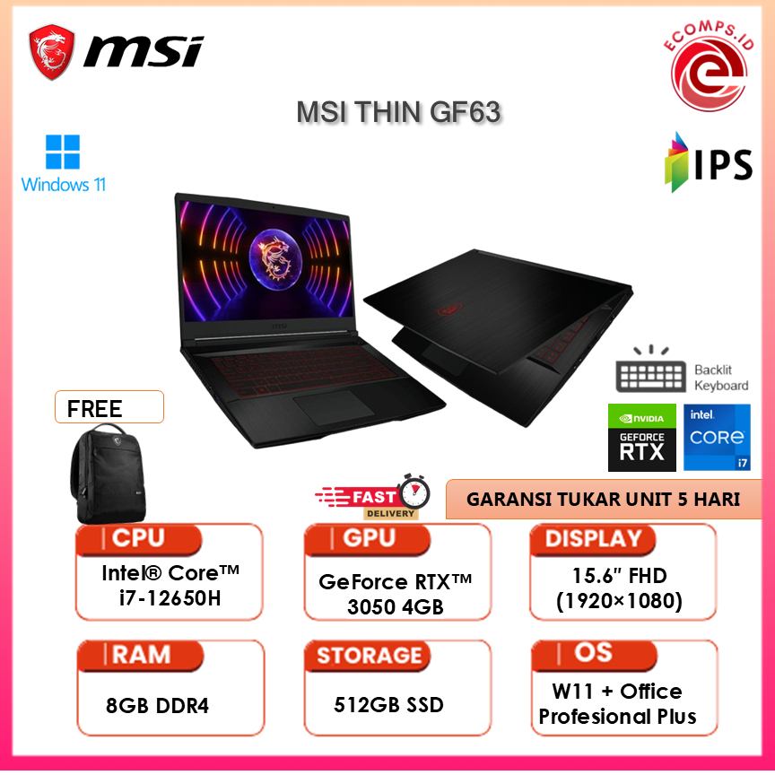 MSI Thin GF63 12UC i7 12650H 512GB SSD RTX3050 4GB 15.6″ FHD 144Hz - WIN11 -8GB