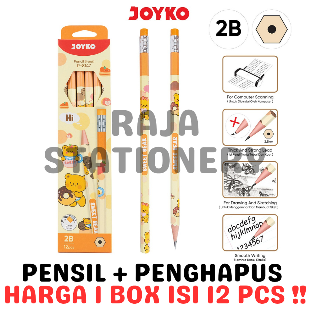 

JOYKO PENCIL PENSIL KAYU JOYKO 2B MOTIF ANAK LUCU SWEET BEAR UJIAN P-8147 LUSIN BOX [12PCS]