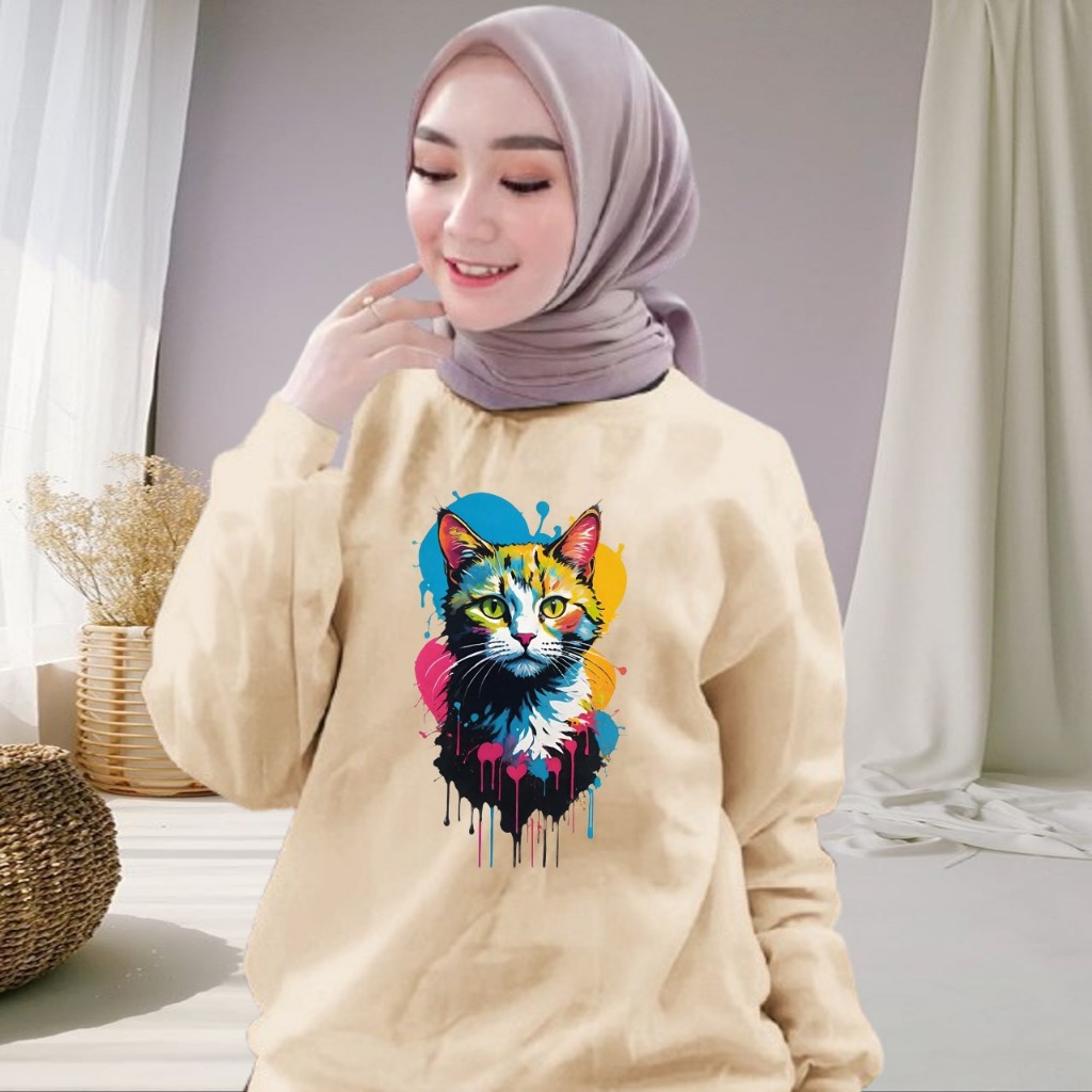 KAOS LENGAN PANJANG Wanita MOTIF Kucing Duduk / ATASAN WANITA KEKINIAN LENGAN PANJANG/Bahan Baby Ter