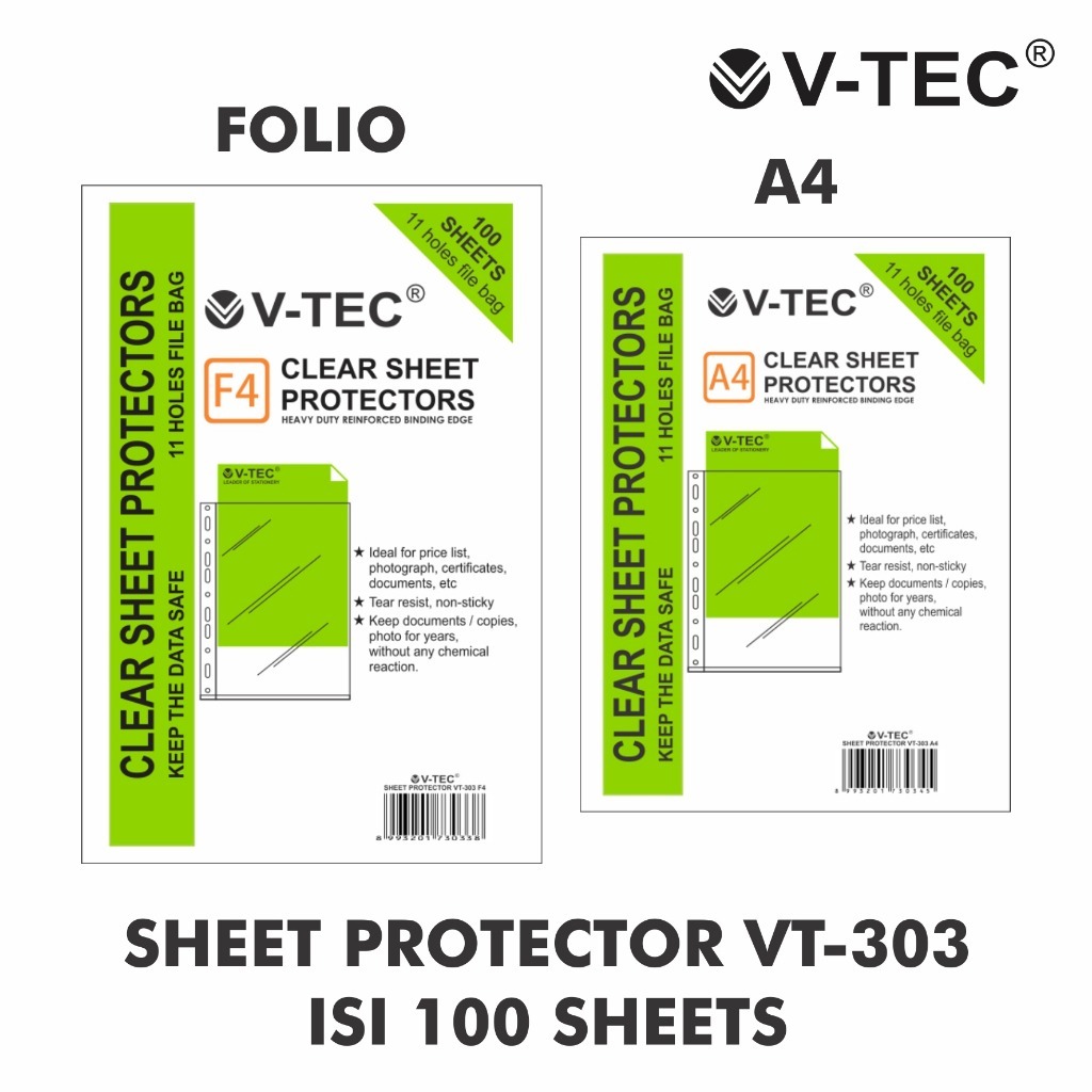 

V-Tec Sheet Protector Clear VT-303 Isi 100 sheets - Ukuran A4 dan F4 - Alat Tulis - Stationery