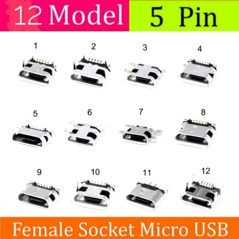 12Pcs Model Soket Micro USB 5 Pin Type B Female Berbagai Model Conector Charger HP
