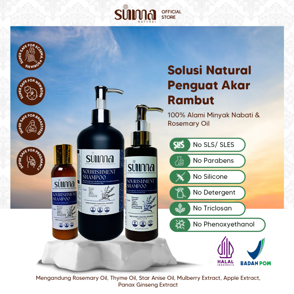 Suma Natural Shampoo - Nourishment | Shampo Natural Non-SLS, Penguat Akar Rambut, Rosemary Oil