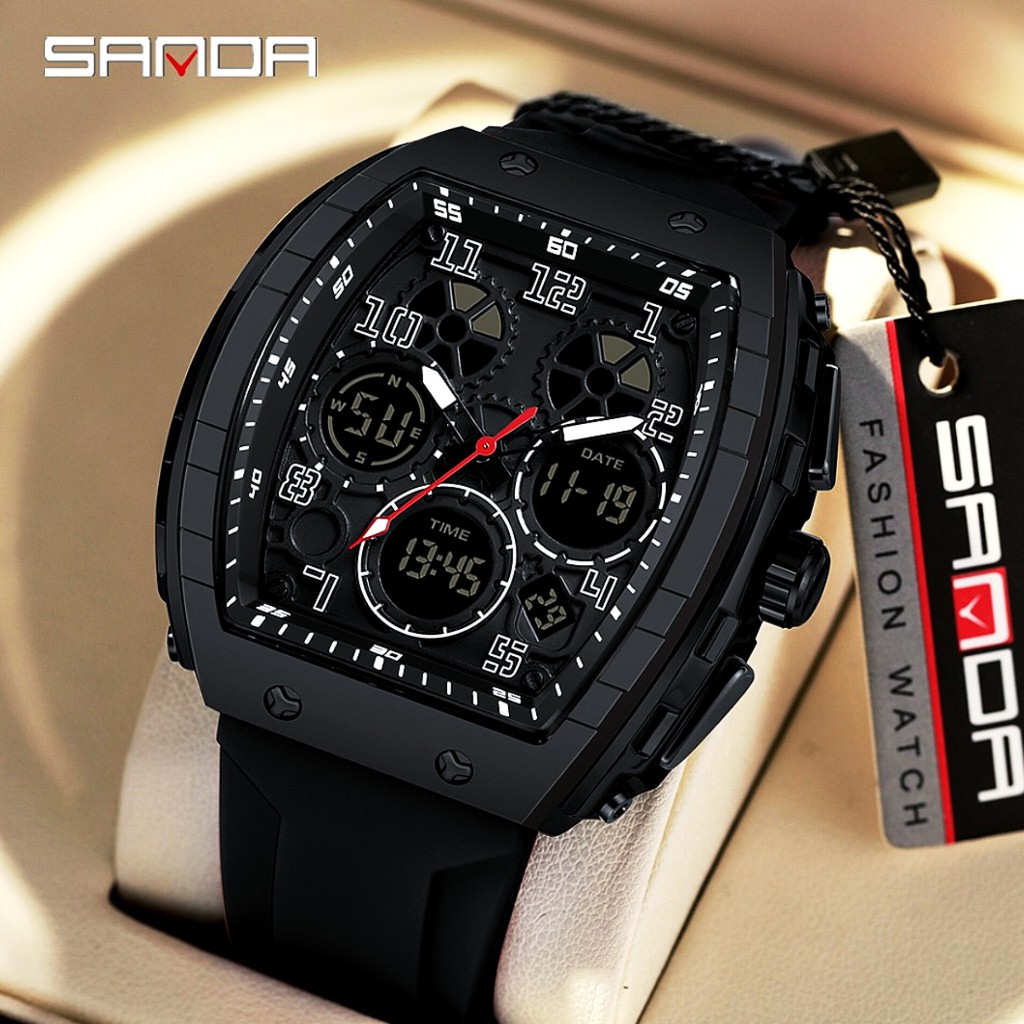 SANDA 6157 Jam Tangan Pria Tahan Air Original Olahraga Digital Analog Watch Chronograph Tali Rubber
