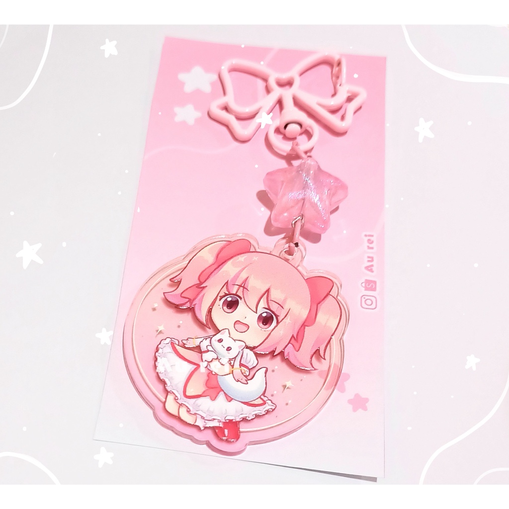Madoka Magica |long keychain | Madoka kaname & kyubey | gradient frosted premium 5cm | by Au_rei