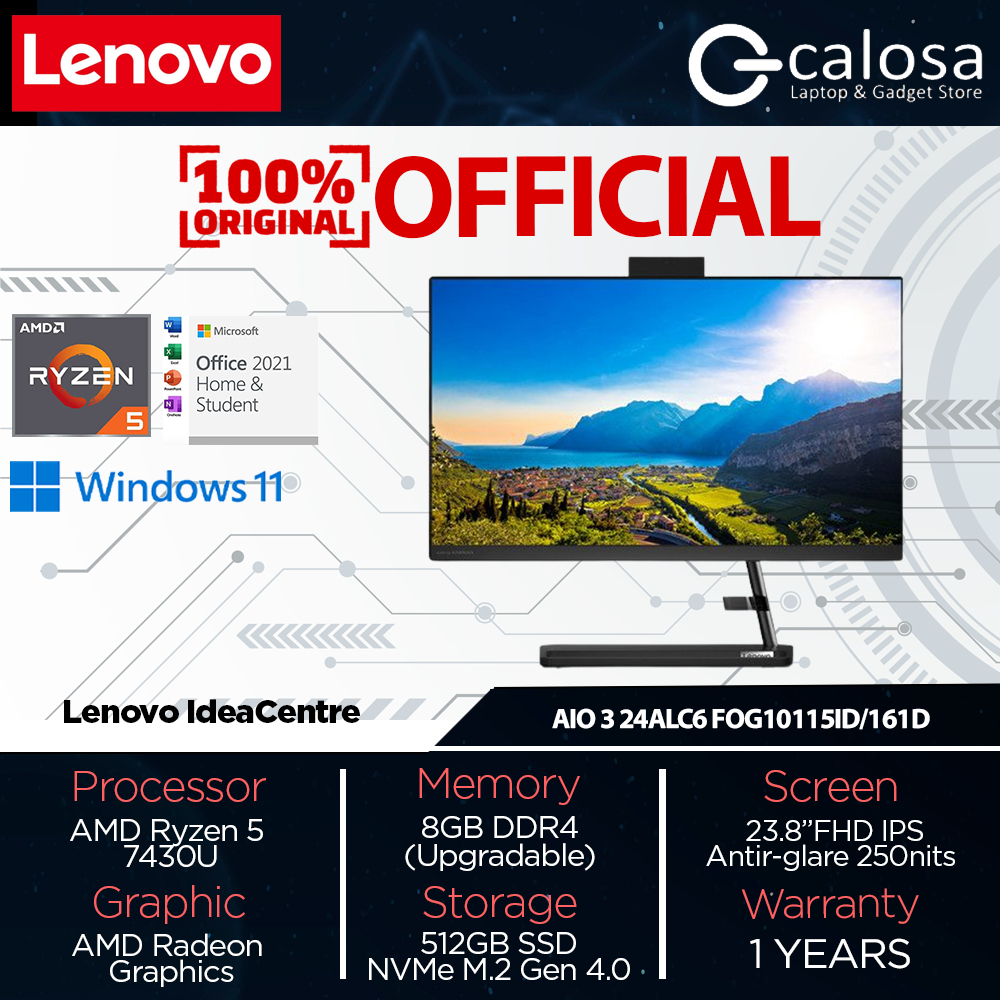 PC Lenovo IdeaCentre AIO 3 24ALC6 15ID 16ID AMD Ryzen 5-7430U RAM 8GB SSD 512GB 23.8″ FHD IPS Window