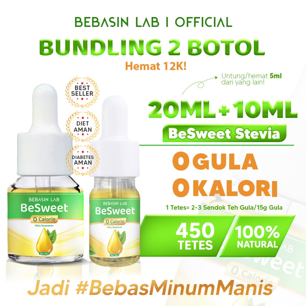

BebasinLab - "BeSweet Stevia" 0 Kalori (20ml + 10ml). Pemanis Alami, Pengganti Gula, Bebas Kalori, Aman untuk Diabetasi. #BebasMinumEnak
