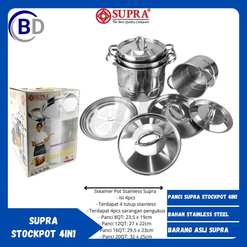 Supra Panci Supra Stockpot 4 in 1 Steamer Set 4 [8/12/16/20 Qt] Stainless Steel