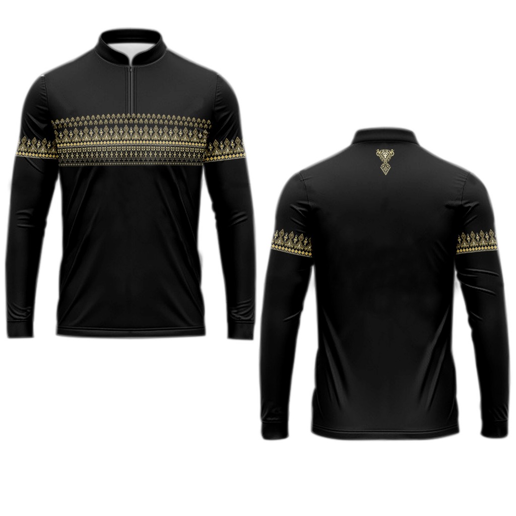 Baju Koko muslim Dewasa/hitam bercampur dengan emas dan Motif etnik berbentuk hiasan ornamen 01/full