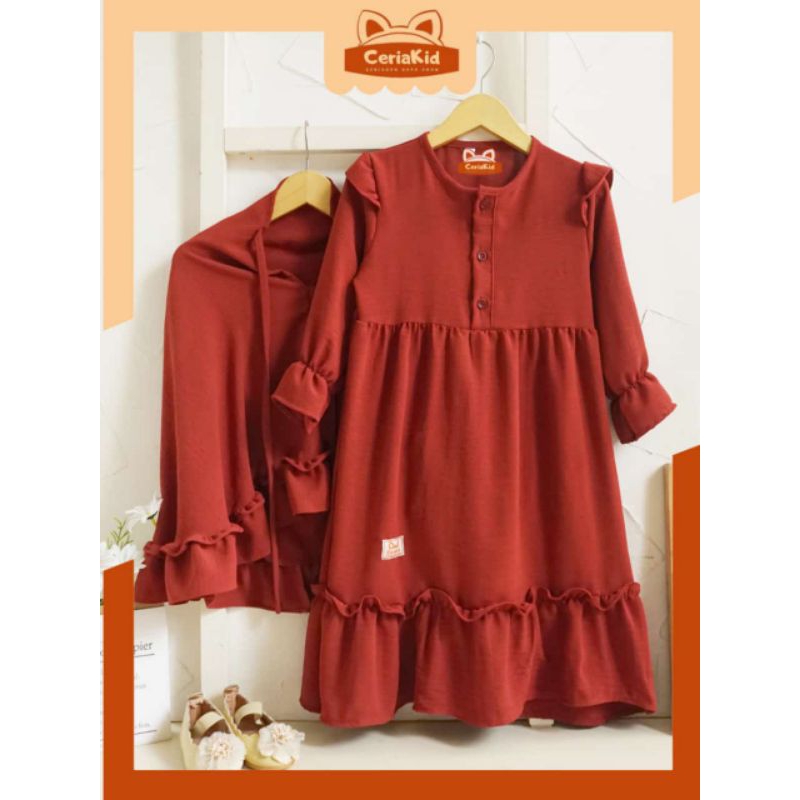 ( 3 - 8 Tahun) Baju Gamis Ruffle Anak Perempuan Free Hijab Bahan Crincle Warna Putih Hitam Toska Tet