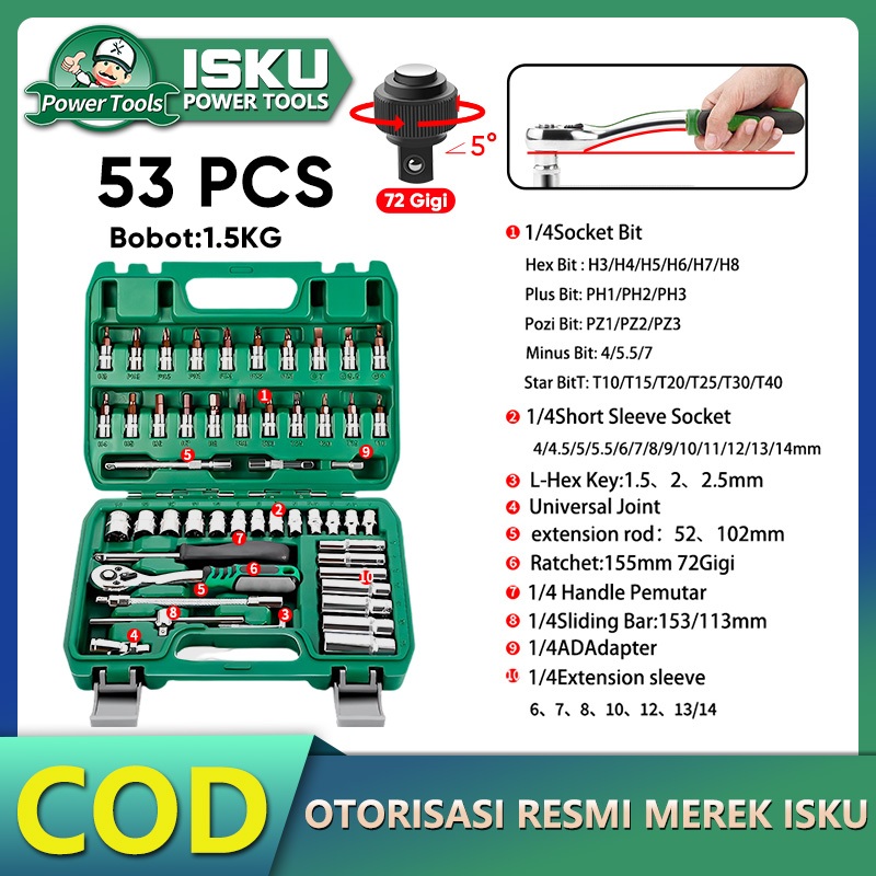 ISKU Kunci Sok Set 53 Pcs 1/4 Inch Ratchet 72 Gigi Kunci Pas Soket Mata Obeng S2 Baja 50BV30 Alat Be