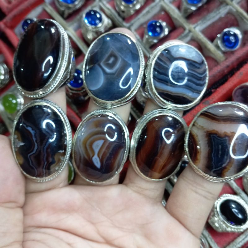 cincin batu akik yaman motif jumbo ring alpaka natural