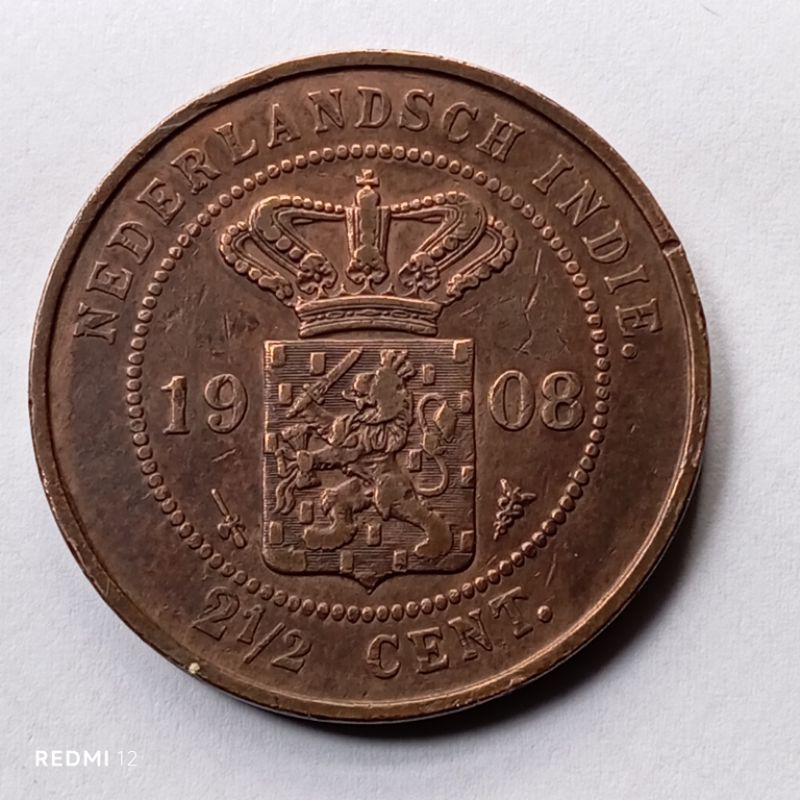 uang koin kuno 2½ sen benggol tahun 1908 bekas asli