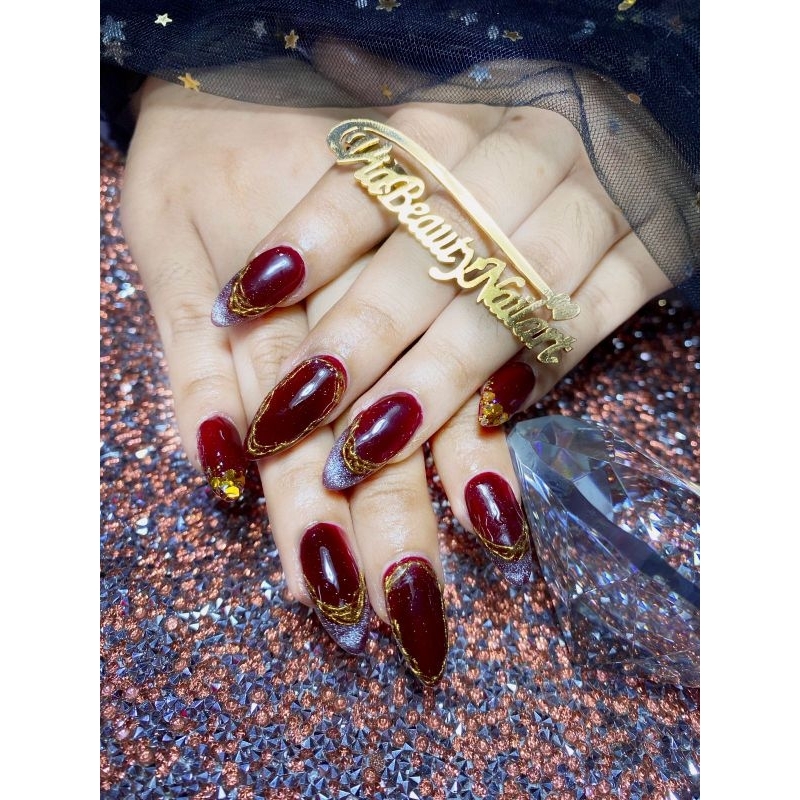 Press on nails / kuku palsu / gradasi merah marrun / ombre merah marrun / Chrome / acc kupu kupu 3d 