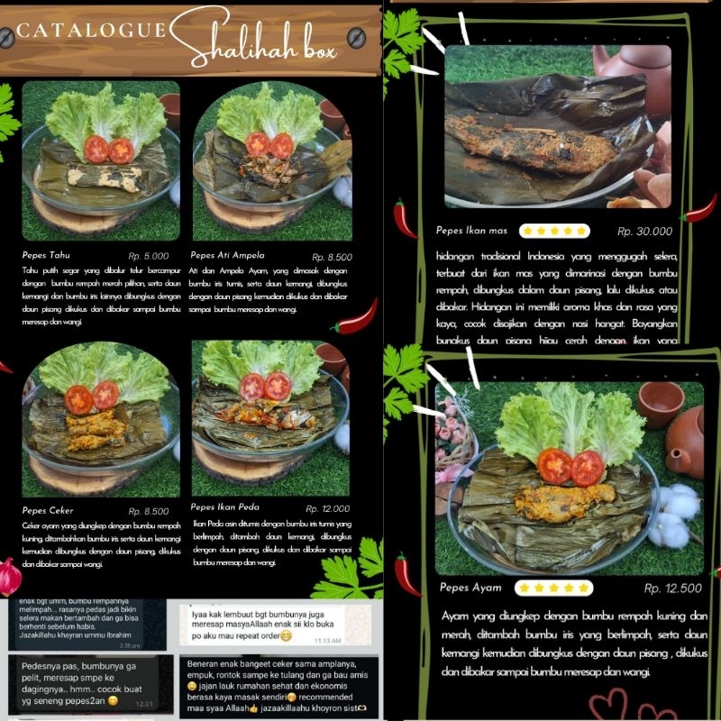 

Aneka Pepes, Pepes Ikan Mas, Ayam, Ikan Peda, Tahu, Ati Ampela, Ceker